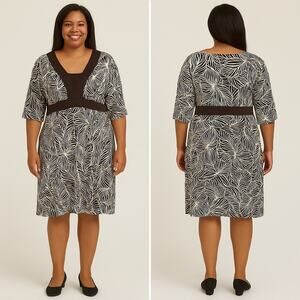NY Collection 2X Brown &‎ Ivory Leaf Print Dress with Waist Detail